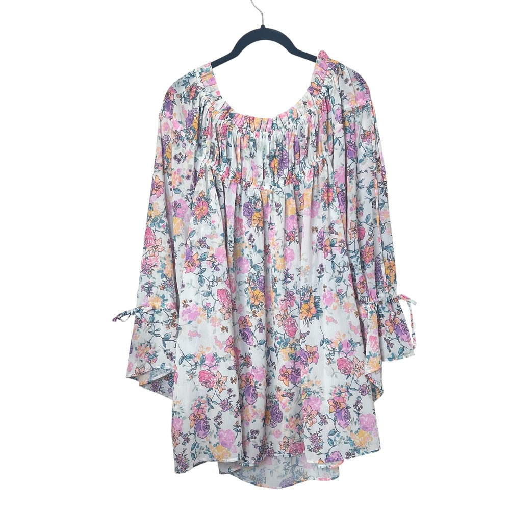 Tularosa Brogan Floral Off The‎ Shoulder Bell Sleeve Mini Dress XL White Pink - Picture 3 of 7
